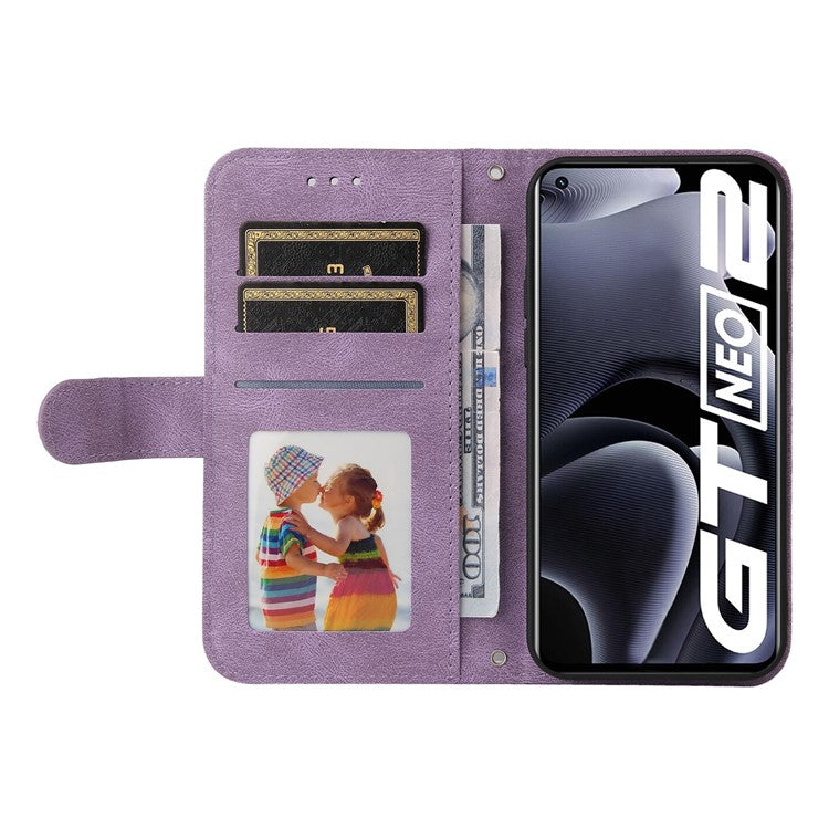 Retro Tree Pattern Metal Button Decor Stand Wallet PU Leather Phone Case Cover for Realme GT Neo2 5G/GT Neo 3T 5G - Purple