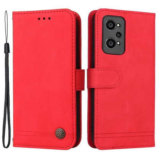 Retro Tree Pattern Metal Button Decor Stand Wallet PU Leather Phone Case Cover for Realme GT Neo2 5G/GT Neo 3T 5G - Red