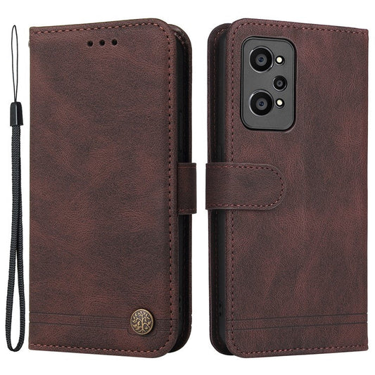 Retro Tree Pattern Metal Button Decor Stand Wallet PU Leather Phone Case Cover for Realme GT Neo2 5G/GT Neo 3T 5G - Brown