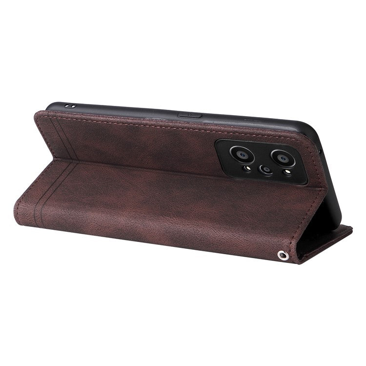 Retro Tree Pattern Metal Button Decor Stand Wallet PU Leather Phone Case Cover for Realme GT Neo2 5G/GT Neo 3T 5G - Brown