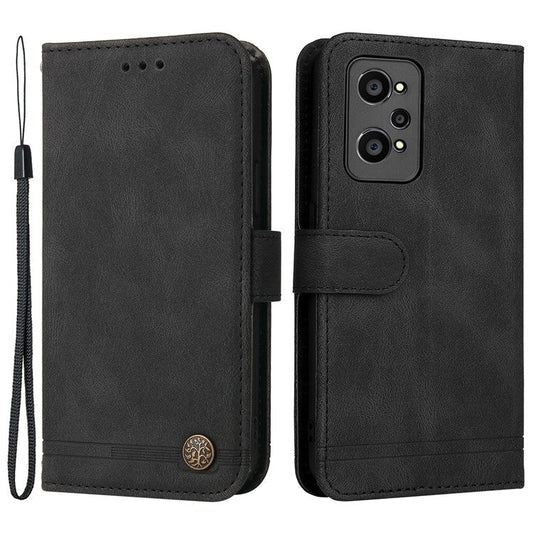 Retro Tree Pattern Metal Button Decor Stand Wallet PU Leather Phone Case Cover for Realme GT Neo2 5G/GT Neo 3T 5G - Black
