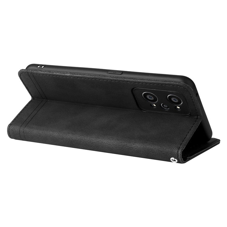 Retro Tree Pattern Metal Button Decor Stand Wallet PU Leather Phone Case Cover for Realme GT Neo2 5G/GT Neo 3T 5G - Black