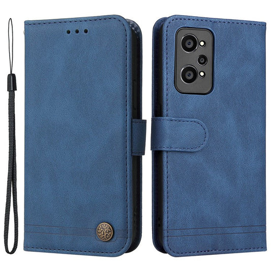 Retro Tree Pattern Metal Button Decor Stand Wallet PU Leather Phone Case Cover for Realme GT Neo2 5G/GT Neo 3T 5G - Blue