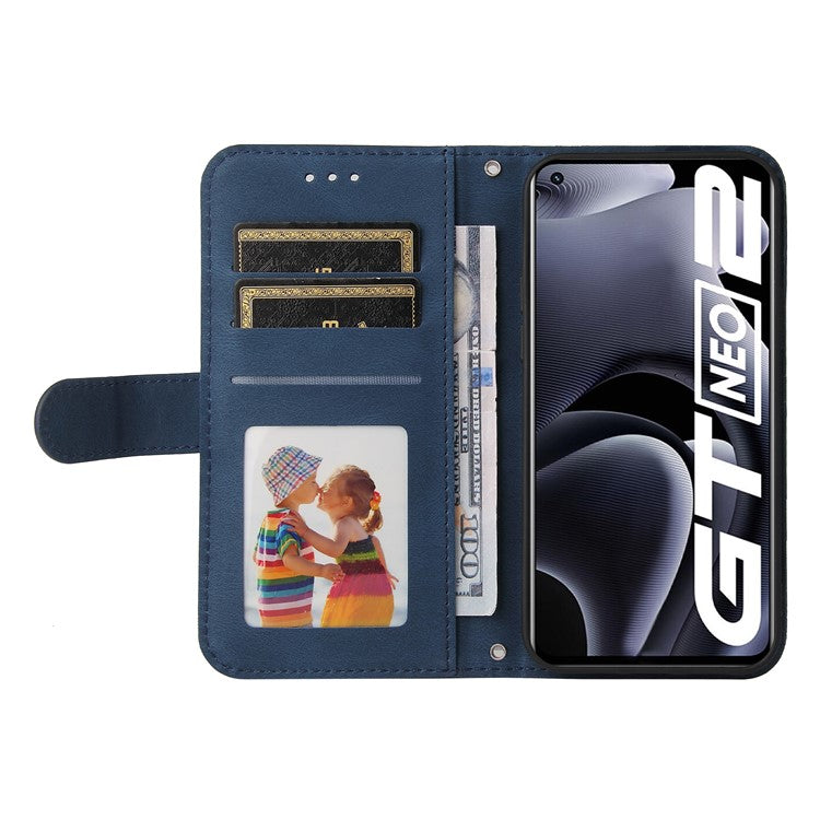 Retro Tree Pattern Metal Button Decor Stand Wallet PU Leather Phone Case Cover for Realme GT Neo2 5G/GT Neo 3T 5G - Blue