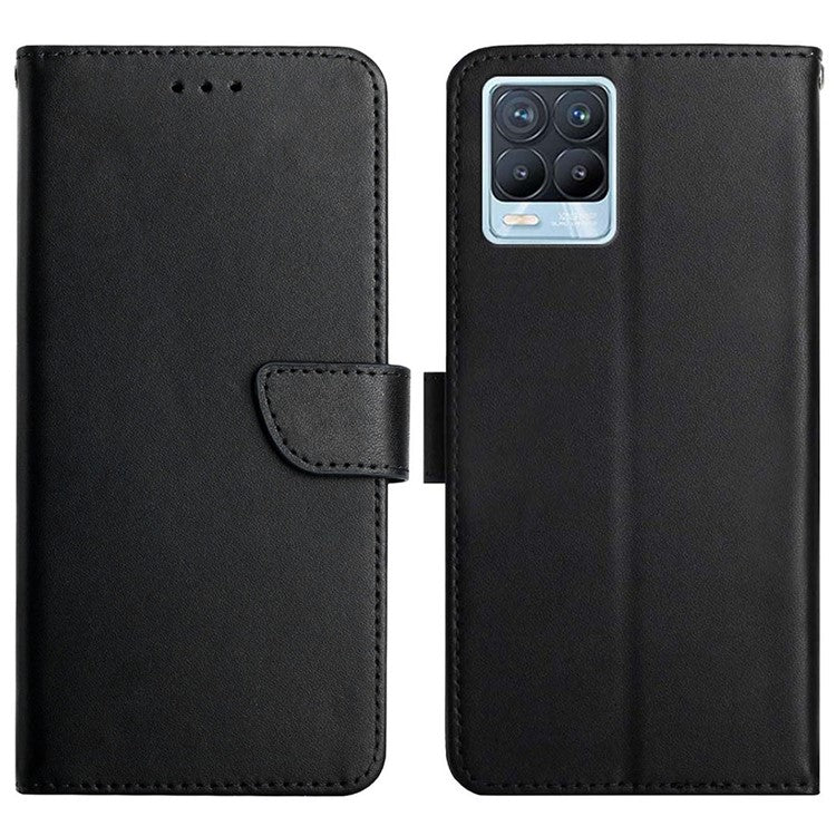 For Realme 8/8 Pro Genuine Leather Nappa Texture Case Fingerprint-proof Solid Color Flip Wallet Phone Shell with Stand - Black