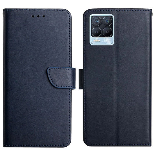 For Realme 8/8 Pro Genuine Leather Nappa Texture Case Fingerprint-proof Solid Color Flip Wallet Phone Shell with Stand - Blue