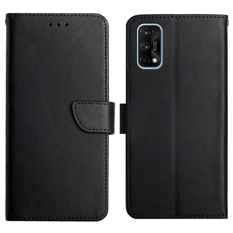 For Realme 7 Pro Genuine Leather Nappa Texture Case Anti-scratch Drop-proof Solid Color Wallet Phone Cover with Stand - Black