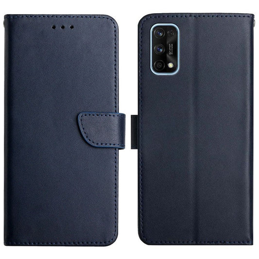 For Realme 7 Pro Genuine Leather Nappa Texture Case Anti-scratch Drop-proof Solid Color Wallet Phone Cover with Stand - Blue
