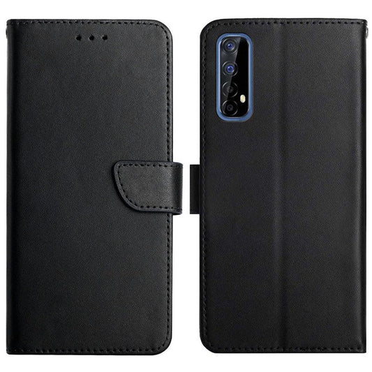 Solid Color Nappa Texture Genuine Leather Folio Flip Outer Cover + Soft TPU Inner Shell with Stand Wallet for Realme Narzo 20 Pro/7 (Asia)/(Global) - Black