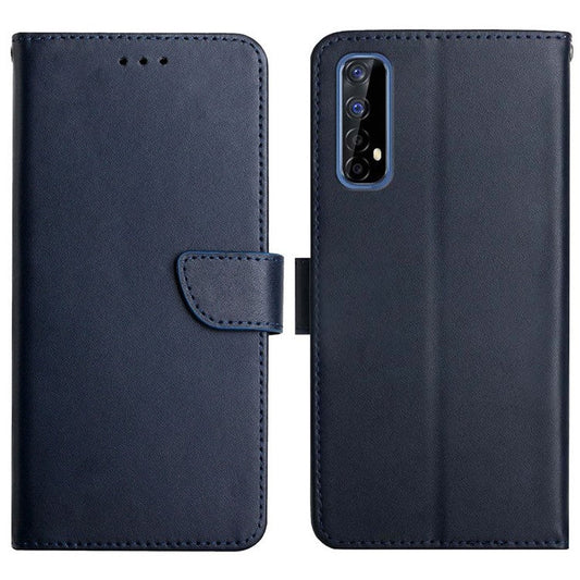 Solid Color Nappa Texture Genuine Leather Folio Flip Outer Cover + Soft TPU Inner Shell with Stand Wallet for Realme Narzo 20 Pro/7 (Asia)/(Global) - Blue