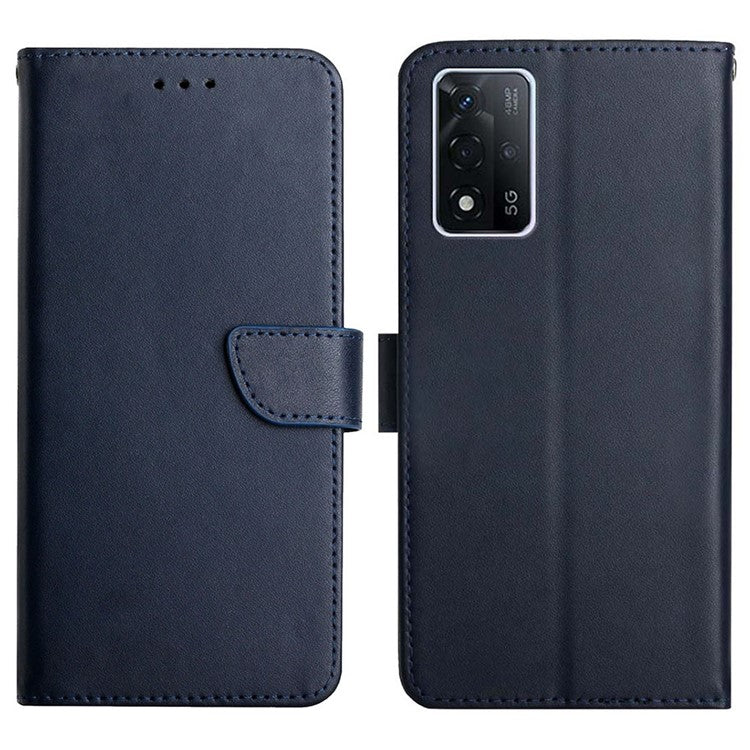 Splash-proof Protection Solid Color Nappa Texture Genuine Leather Outer Cover + Soft TPU Inner Shell with Stand Wallet for Oppo A93s 5G - Blue