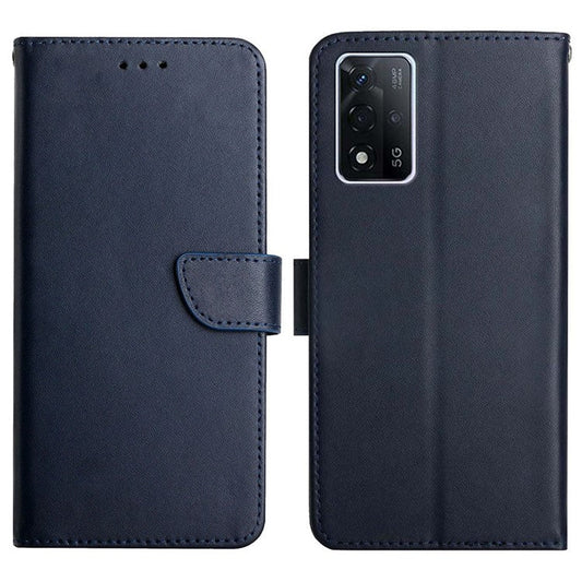Splash-proof Protection Solid Color Nappa Texture Genuine Leather Outer Cover + Soft TPU Inner Shell with Stand Wallet for Oppo A93s 5G - Blue
