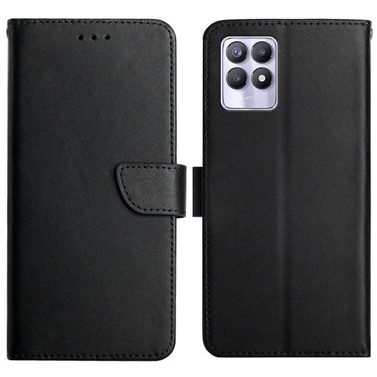 Genuine Leather Case Stand Wallet Design Nappa Texture Magnetic Closure Phone Cover Shell for Realme 8i/Narzo 50 4G - Black