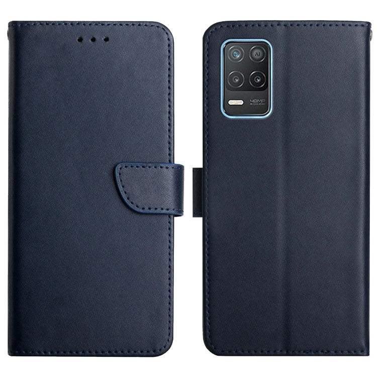 For Realme 8 5G/V13 5G/Narzo 30 5G Phone Cover Nappa Texture Genuine Leather Stand Wallet Protective Case - Blue
