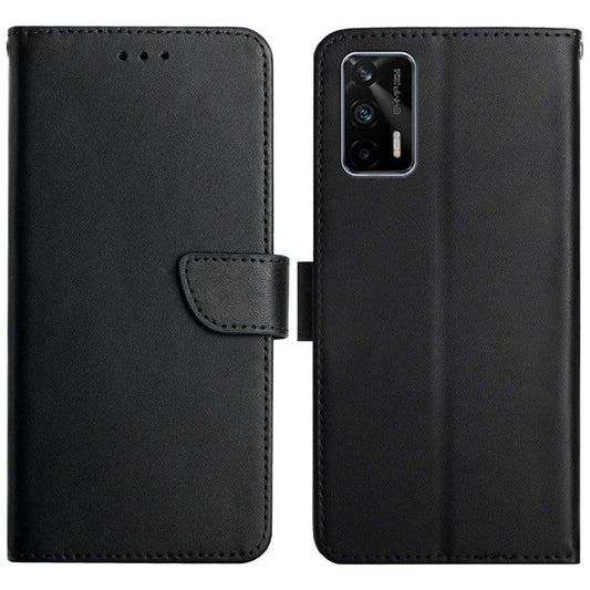 Genuine Leather Nappa Texture Anti-scratch Phone Cover Protector with Stand Wallet for Realme GT 5G/X7 Max 5G - Black