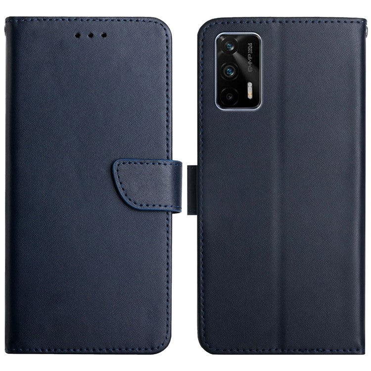 Genuine Leather Nappa Texture Anti-scratch Phone Cover Protector with Stand Wallet for Realme GT 5G/X7 Max 5G - Blue