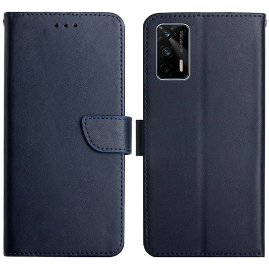 Genuine Leather Nappa Texture Anti-scratch Phone Cover Protector with Stand Wallet for Realme GT 5G/X7 Max 5G - Blue