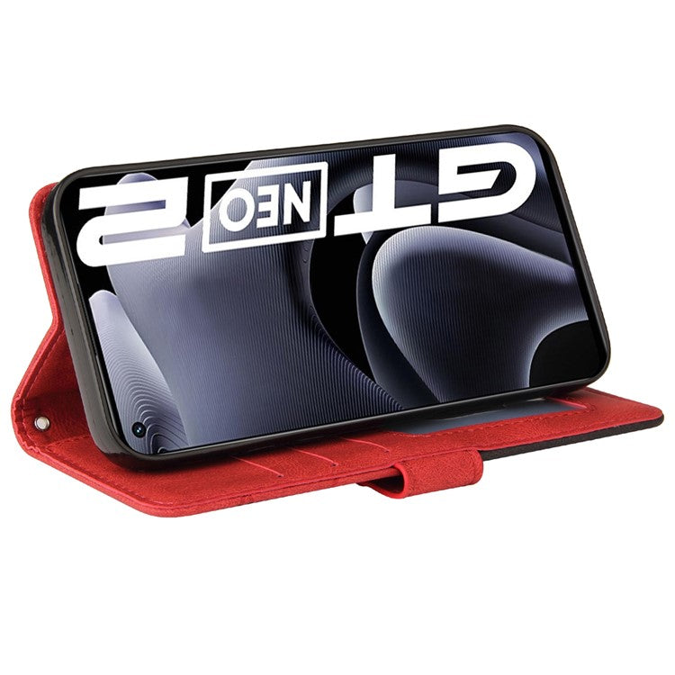 For Realme GT Neo2 5G/GT Neo 3T 5G KT Leather Series-1 Stylish Two-color Splicing Style Anti-Scratch TPU+ PU Leather Wallet Design Phone Case with Stand - Red