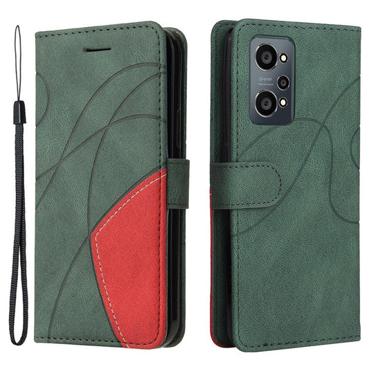 For Realme GT Neo2 5G/GT Neo 3T 5G KT Leather Series-1 Stylish Two-color Splicing Style Anti-Scratch TPU+ PU Leather Wallet Design Phone Case with Stand - Green