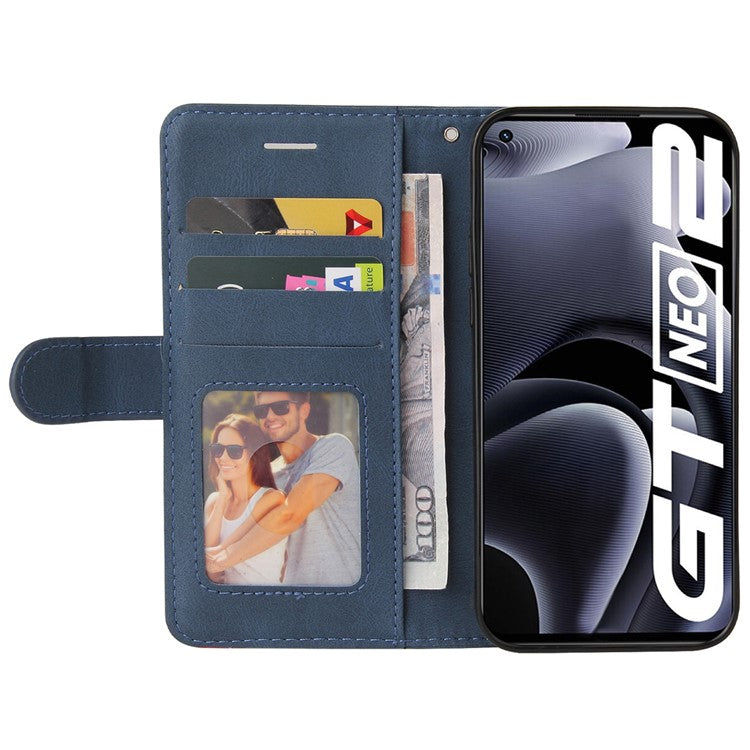 For Realme GT Neo2 5G/GT Neo 3T 5G KT Leather Series-1 Stylish Two-color Splicing Style Anti-Scratch TPU+ PU Leather Wallet Design Phone Case with Stand - Blue