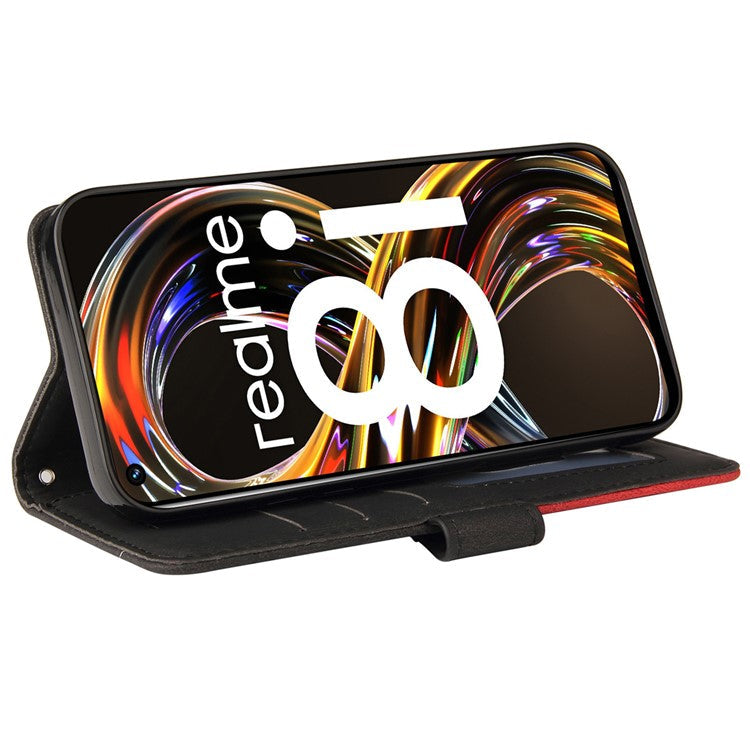 For Realme 8i/Narzo 50 4G KT Leather Series-1 Dual-color Splicing Scratch-resistant Stylish Wrist Strap PU Leather Wallet Phone Case Shell with Stand - Black