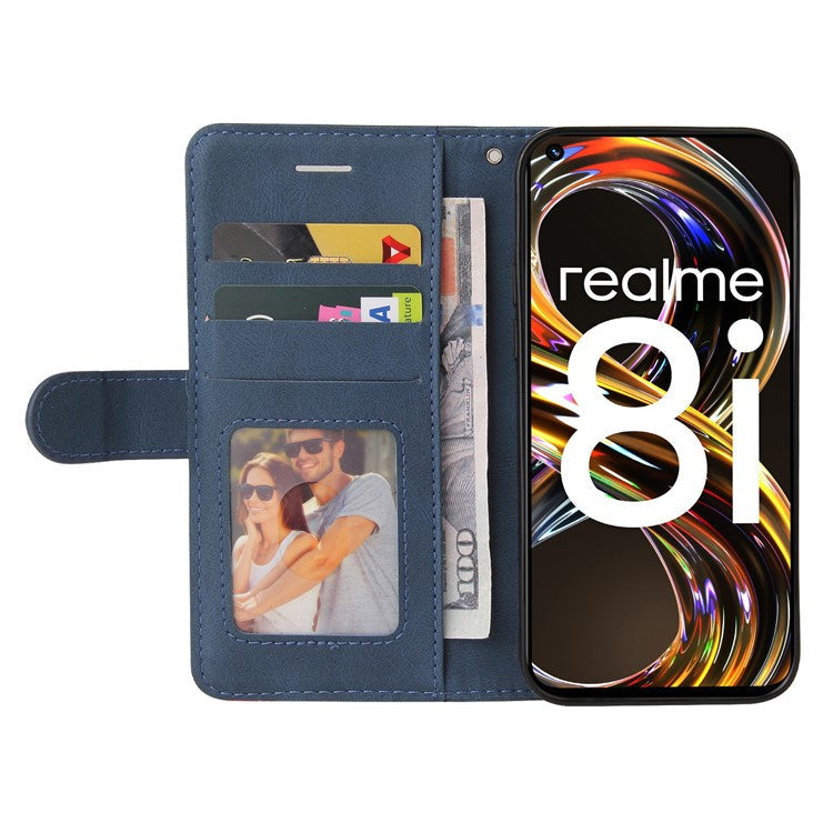 For Realme 8i/Narzo 50 4G KT Leather Series-1 Dual-color Splicing Scratch-resistant Stylish Wrist Strap PU Leather Wallet Phone Case Shell with Stand - Blue