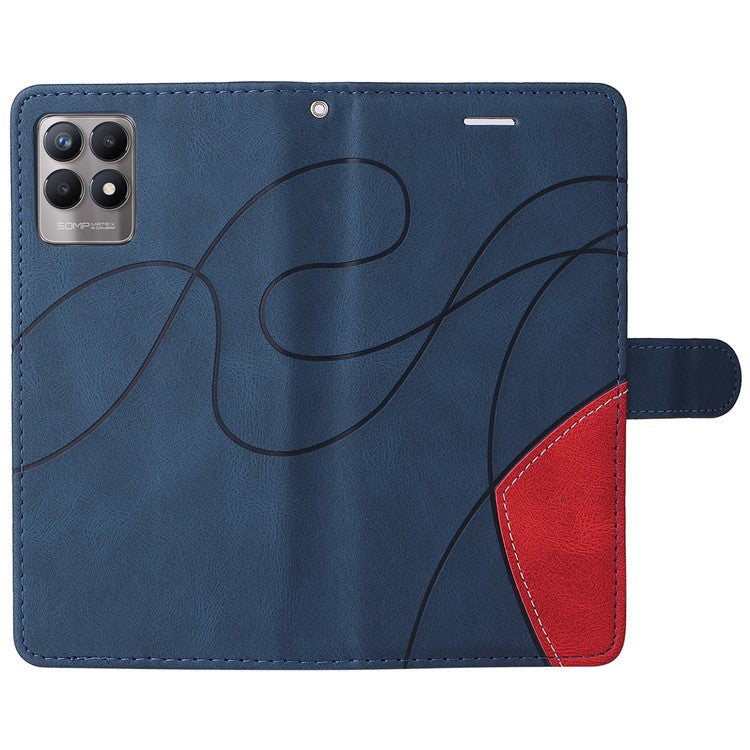 For Realme 8i/Narzo 50 4G KT Leather Series-1 Dual-color Splicing Scratch-resistant Stylish Wrist Strap PU Leather Wallet Phone Case Shell with Stand - Blue