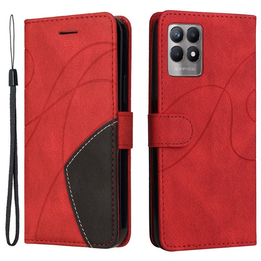 For Realme 8i/Narzo 50 4G KT Leather Series-1 Dual-color Splicing Scratch-resistant Stylish Wrist Strap PU Leather Wallet Phone Case Shell with Stand - Red