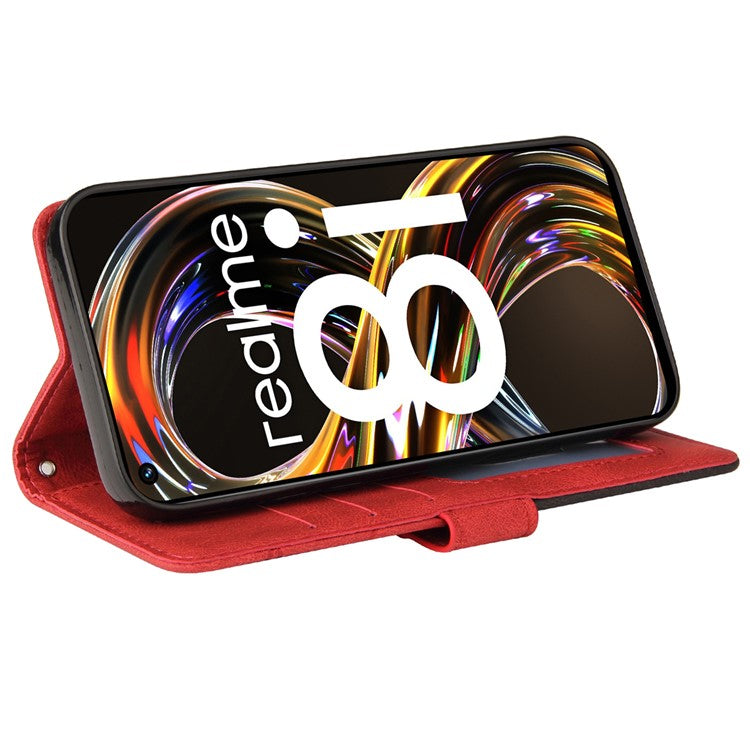 For Realme 8i/Narzo 50 4G KT Leather Series-1 Dual-color Splicing Scratch-resistant Stylish Wrist Strap PU Leather Wallet Phone Case Shell with Stand - Red
