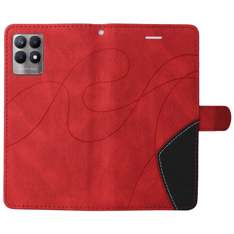 For Realme 8i/Narzo 50 4G KT Leather Series-1 Dual-color Splicing Scratch-resistant Stylish Wrist Strap PU Leather Wallet Phone Case Shell with Stand - Red