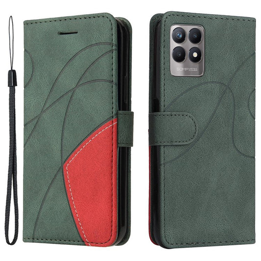 For Realme 8i/Narzo 50 4G KT Leather Series-1 Dual-color Splicing Scratch-resistant Stylish Wrist Strap PU Leather Wallet Phone Case Shell with Stand - Green