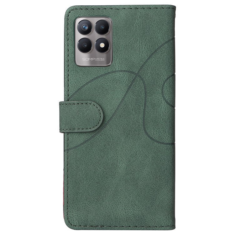 For Realme 8i/Narzo 50 4G KT Leather Series-1 Dual-color Splicing Scratch-resistant Stylish Wrist Strap PU Leather Wallet Phone Case Shell with Stand - Green