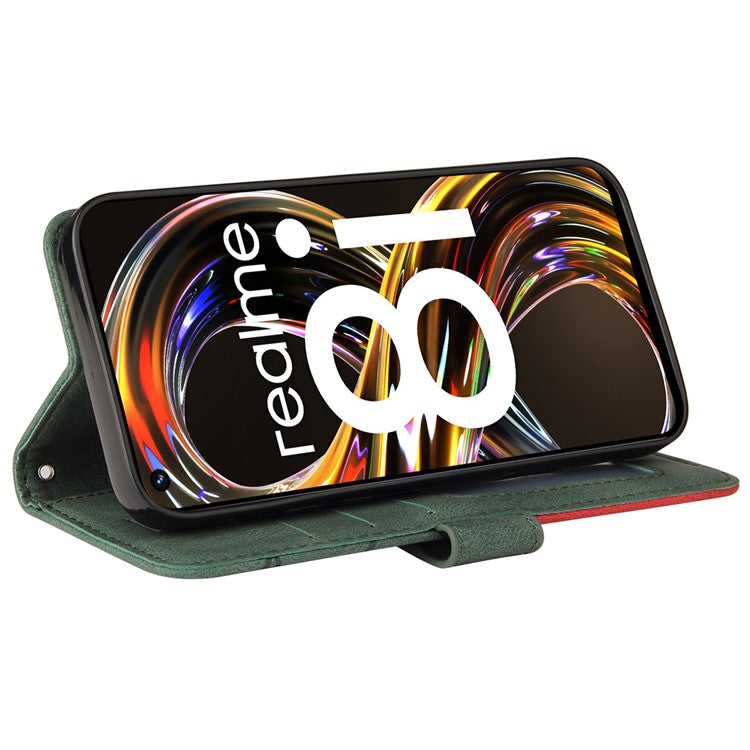 For Realme 8i/Narzo 50 4G KT Leather Series-1 Dual-color Splicing Scratch-resistant Stylish Wrist Strap PU Leather Wallet Phone Case Shell with Stand - Green