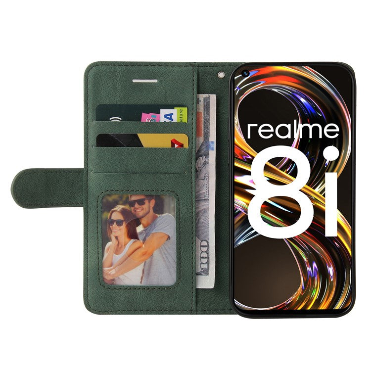 For Realme 8i/Narzo 50 4G KT Leather Series-1 Dual-color Splicing Scratch-resistant Stylish Wrist Strap PU Leather Wallet Phone Case Shell with Stand - Green