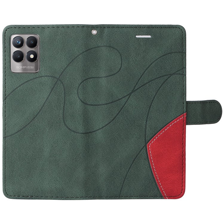 For Realme 8i/Narzo 50 4G KT Leather Series-1 Dual-color Splicing Scratch-resistant Stylish Wrist Strap PU Leather Wallet Phone Case Shell with Stand - Green