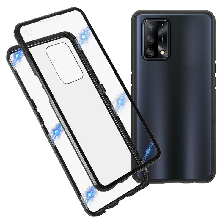 Metal Frame + Double-sided Tempered Glass Hybrid Cover Magnetic Absorption Full Coverage Phone Case for Oppo A74 4G / F19 - Black