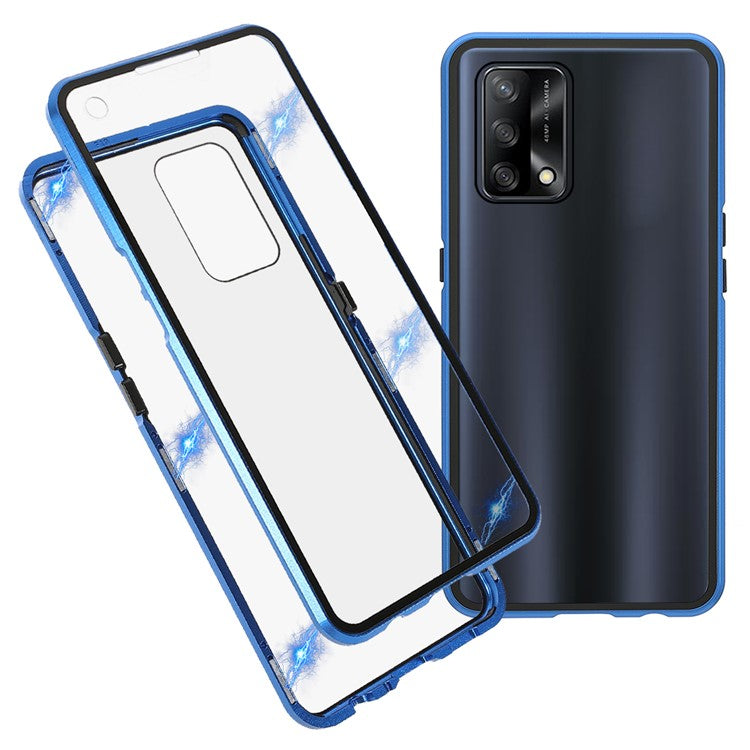 Metal Frame + Double-sided Tempered Glass Hybrid Cover Magnetic Absorption Full Coverage Phone Case for Oppo A74 4G/F19 - Blue