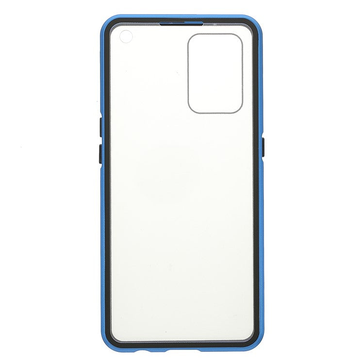 Metal Frame + Double-sided Tempered Glass Hybrid Cover Magnetic Absorption Full Coverage Phone Case for Oppo A74 4G/F19 - Blue
