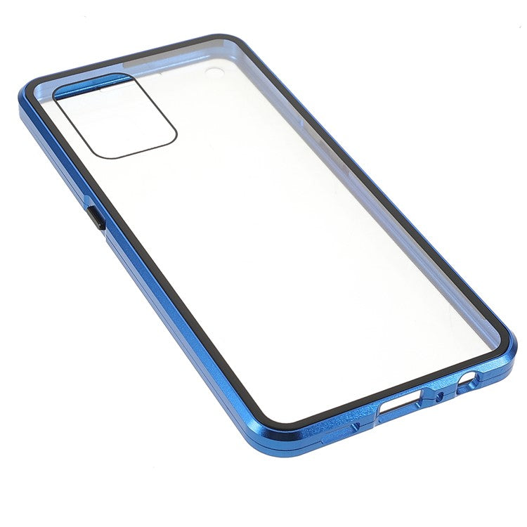 Metal Frame + Double-sided Tempered Glass Hybrid Cover Magnetic Absorption Full Coverage Phone Case for Oppo A74 4G/F19 - Blue