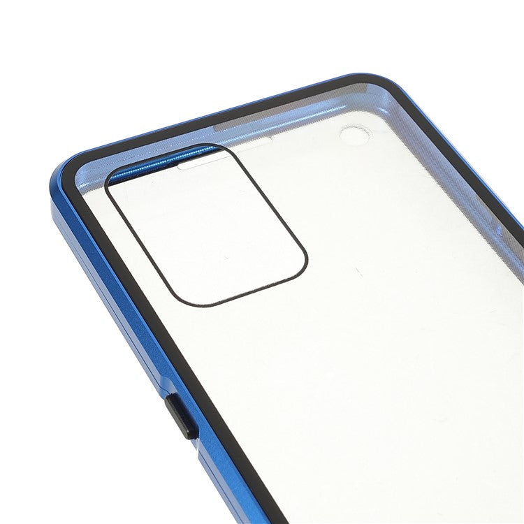 Metal Frame + Double-sided Tempered Glass Hybrid Cover Magnetic Absorption Full Coverage Phone Case for Oppo A74 4G/F19 - Blue