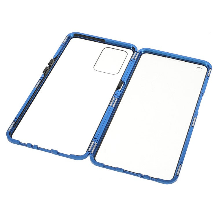 Metal Frame + Double-sided Tempered Glass Hybrid Cover Magnetic Absorption Full Coverage Phone Case for Oppo A74 4G/F19 - Blue
