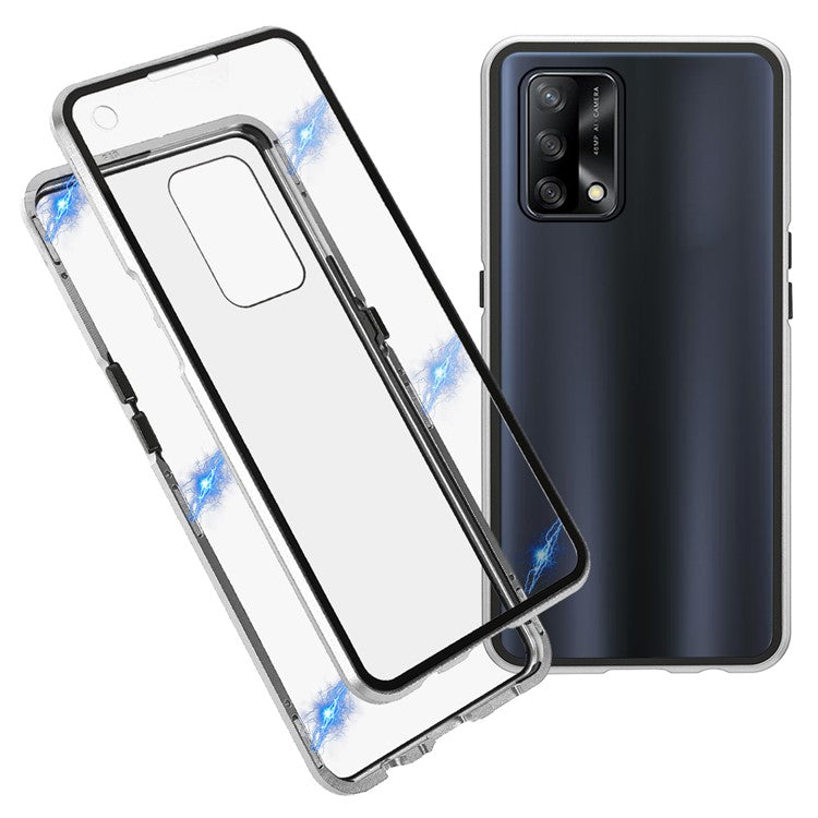 Metal Frame + Double-sided Tempered Glass Hybrid Cover Magnetic Absorption Full Coverage Phone Case for Oppo A74 4G/F19 - Silver