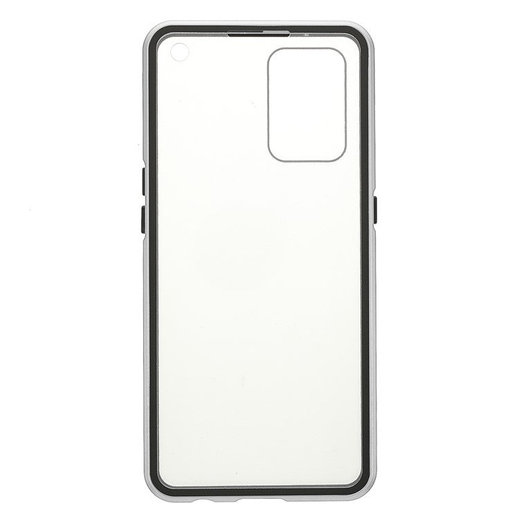 Metal Frame + Double-sided Tempered Glass Hybrid Cover Magnetic Absorption Full Coverage Phone Case for Oppo A74 4G/F19 - Silver