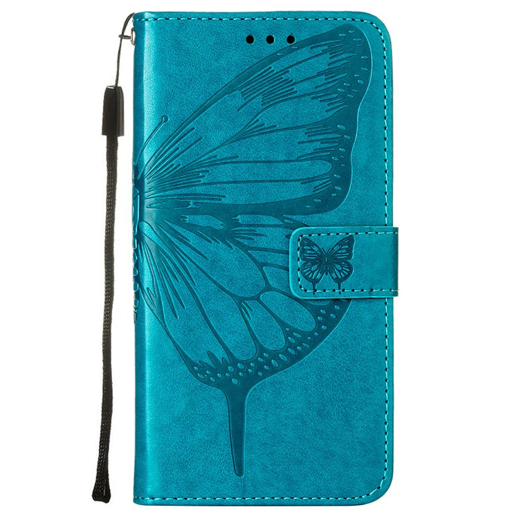 Wallet Design Case Imprinting Big Butterfly Flower Pattern Anti-scratch Drop-proof PU Leather Stand Phone Cover with Strap for Oppo A16/A16s/A54s/A55 5G - Blue
