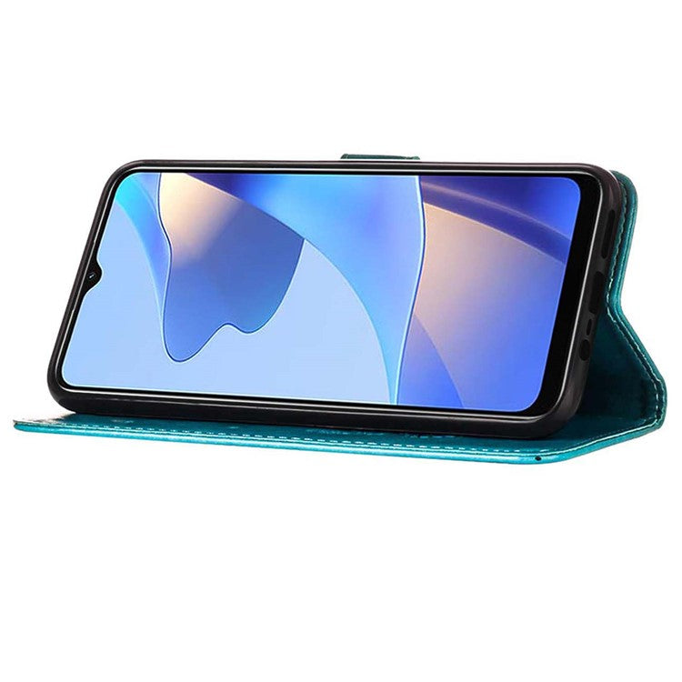 Wallet Design Case Imprinting Big Butterfly Flower Pattern Anti-scratch Drop-proof PU Leather Stand Phone Cover with Strap for Oppo A16/A16s/A54s/A55 5G - Blue