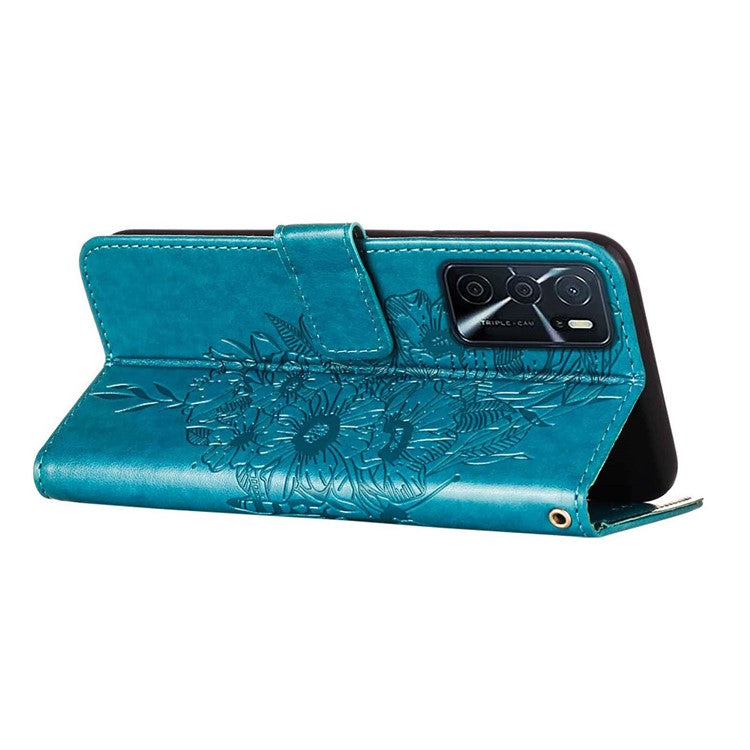 Wallet Design Case Imprinting Big Butterfly Flower Pattern Anti-scratch Drop-proof PU Leather Stand Phone Cover with Strap for Oppo A16/A16s/A54s/A55 5G - Blue