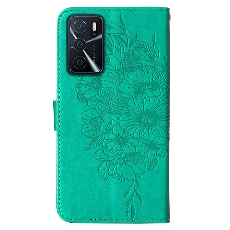 Wallet Design Case Imprinting Big Butterfly Flower Pattern Anti-scratch Drop-proof PU Leather Stand Phone Cover with Strap for Oppo A16/A16s/A54s/A55 5G - Green