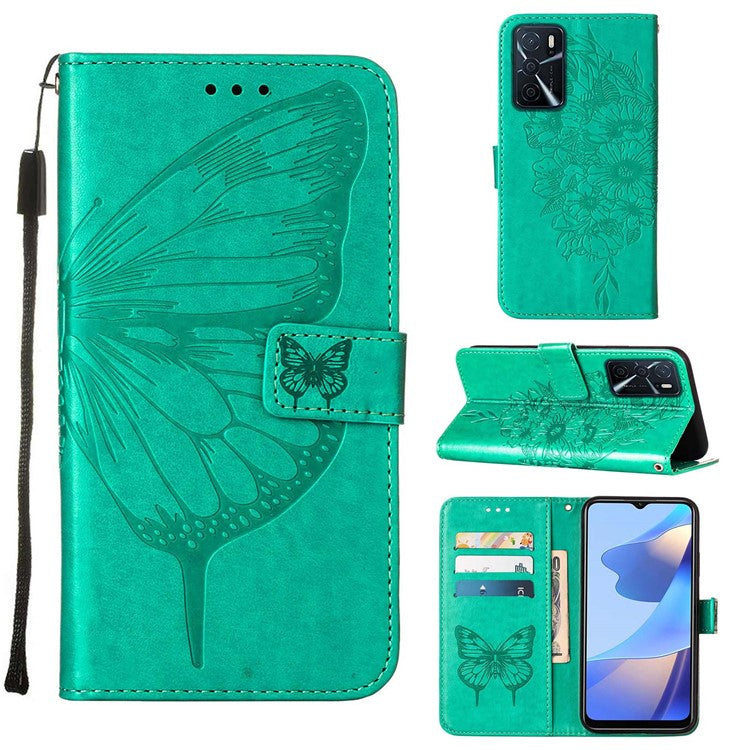 Wallet Design Case Imprinting Big Butterfly Flower Pattern Anti-scratch Drop-proof PU Leather Stand Phone Cover with Strap for Oppo A16/A16s/A54s/A55 5G - Green