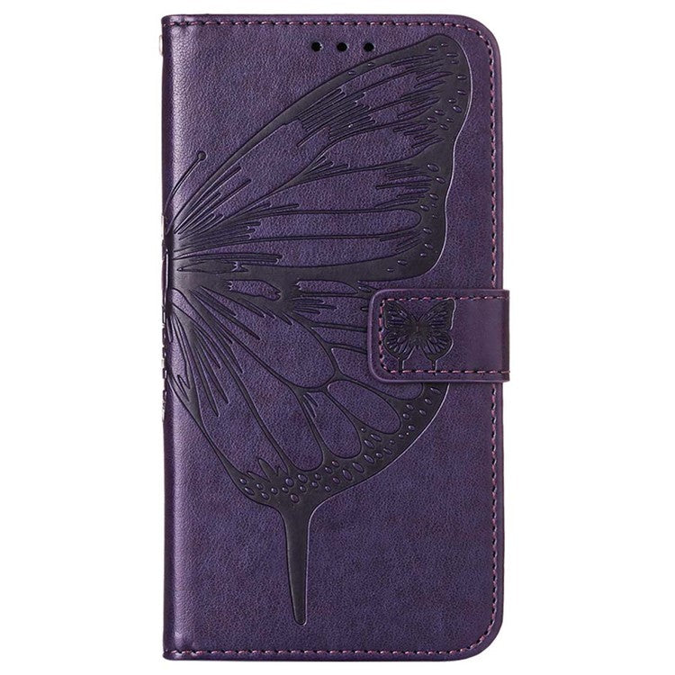 Wallet Design TPU and PU Leather Phone Case Imprinting Big Butterfly Flower Pattern Stand Phone Cover with Hand Strap for vivo Y21 / Y21s / Y33s - Purple