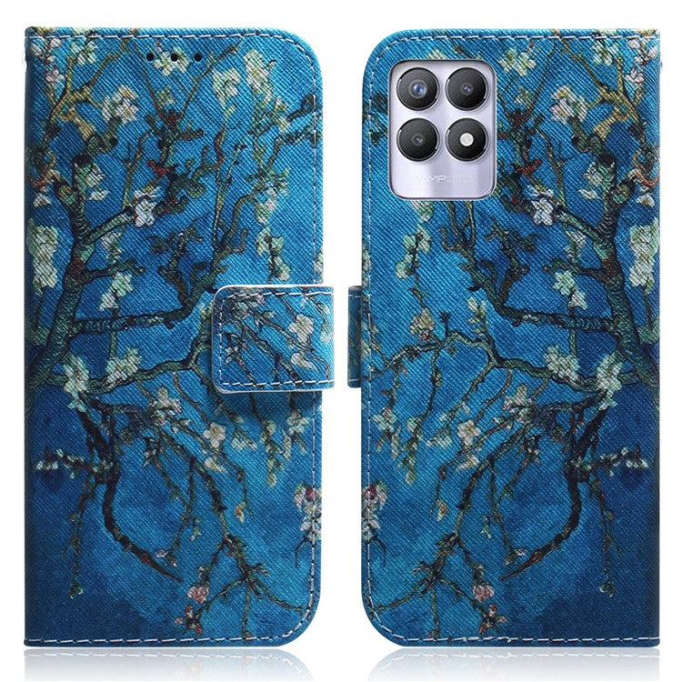 Pattern Printing Full Body Protective PU Leather Phone Case Stand Magnetic Wallet Folio Cover for Realme 8i/Narzo 50 4G - Apricot Blossom